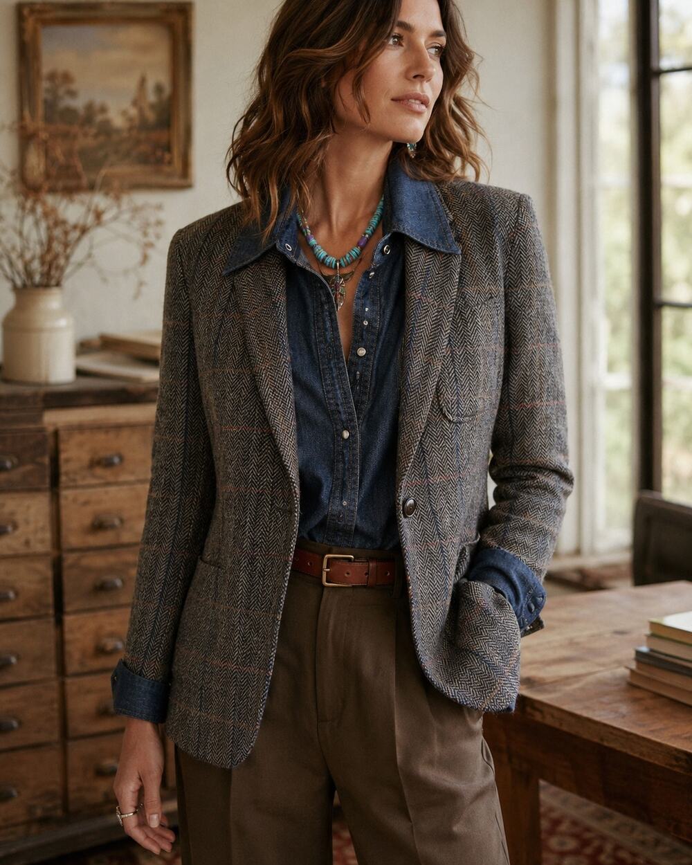 His Jacket for Her NEXT Tweed Herringbone Blazer 38R Equestrian Academia